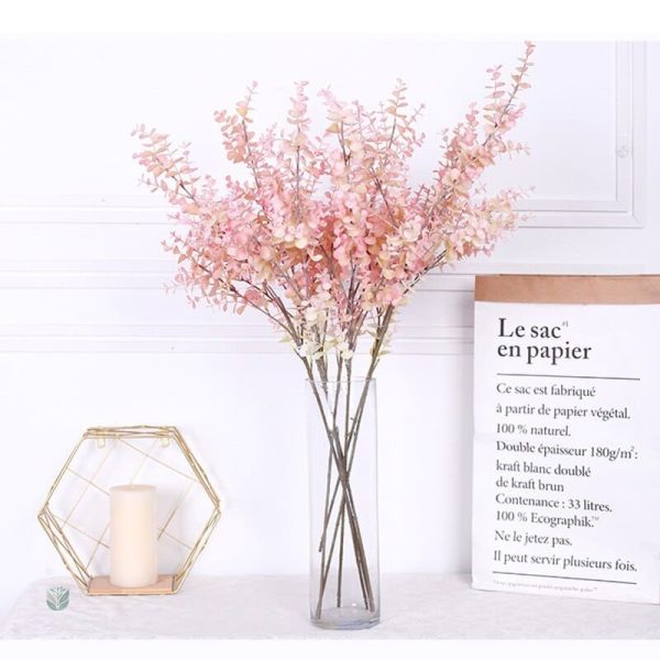 Branche Eucalyptus synthétique avec fleurs roses